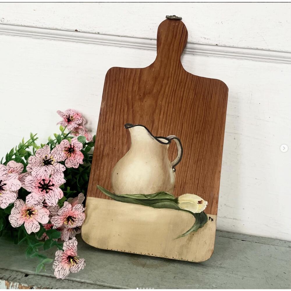 Vintage Wood Cutting Board Hand Painted Still Life Pitcher Flower Farmhouse